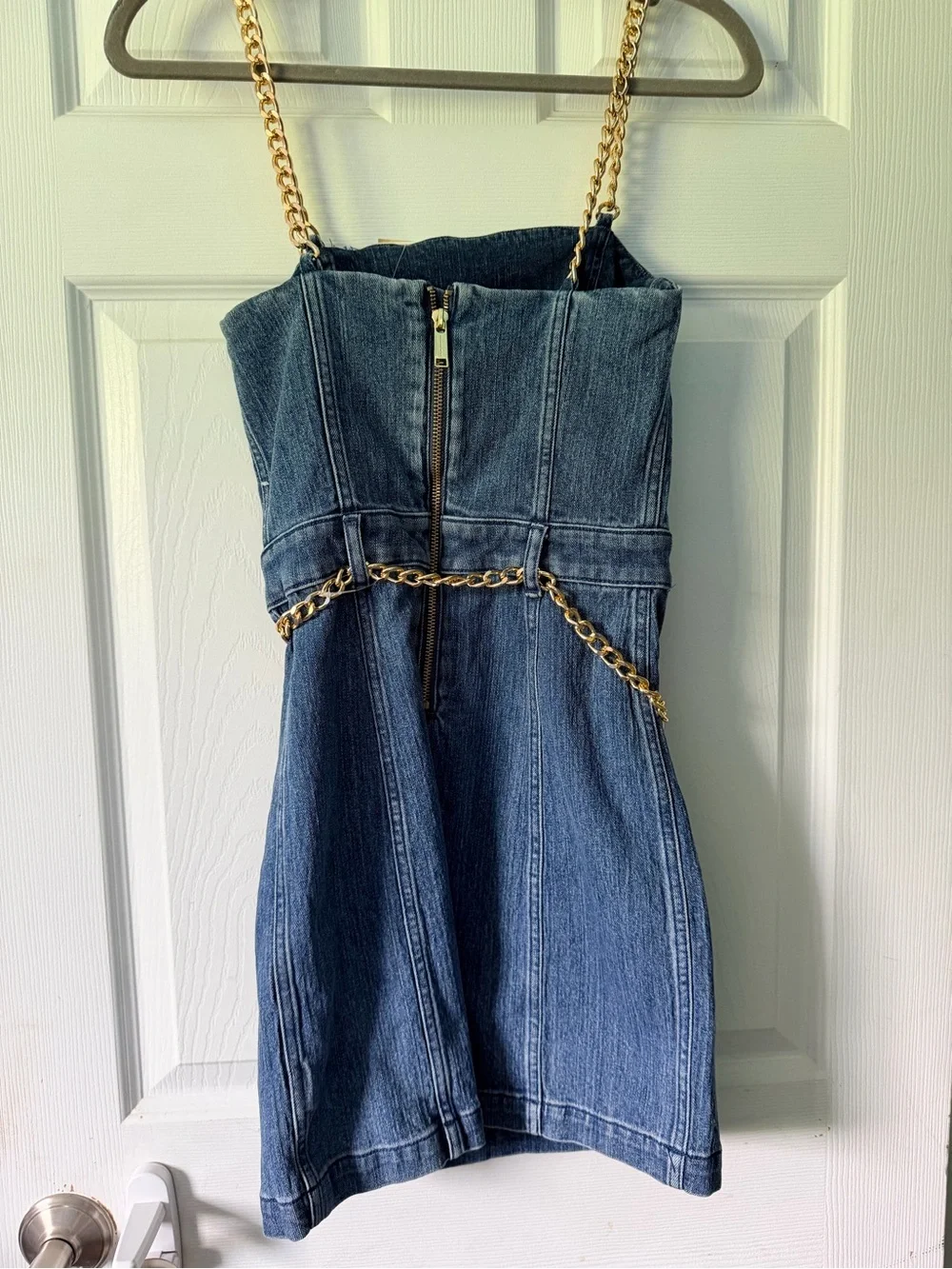 Michael Kors Denim Strapless Dress with Gold Chain Detail